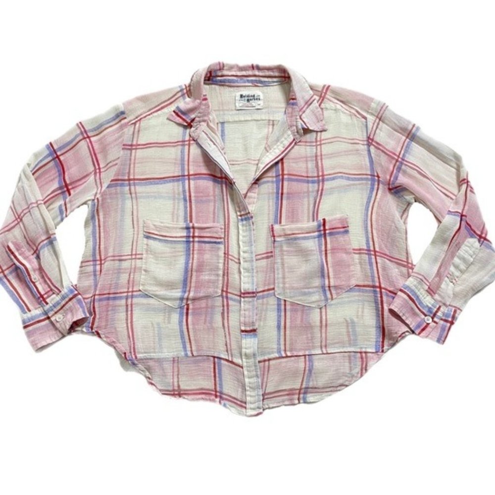 Anthropologie‎ Western Cream Pink Plaid Oversized Crop Button Down Shirt Top XS